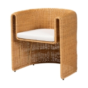 bali & pari Carina Natural Rattan Barrel Dining Chair - Handwoven Wicker Accent Chair with Curved Backrest and Removable Cushion, Coastal Boho Kitchen or Dining Room Seating
